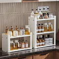 Modern Kitchen Storage With White Shelves Displaying Various Glass Bottles And Jars