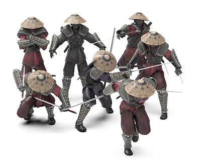 Ninja Warriors In Traditional Attire With Straw Hats And Swords In Dynamic Combat Poses 3d model