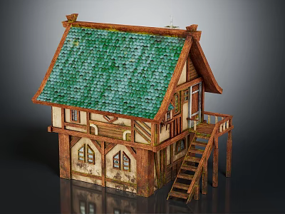 Cartoon Scene Of Small House With Green Tiled Roof Wooden Structure And Stairs 3d model