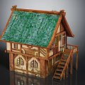 Cartoon Scene Of Small House With Green Tiled Roof Wooden Structure And Stairs