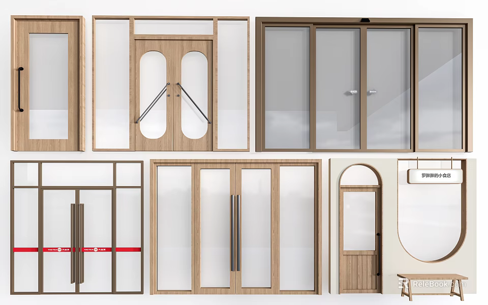 Different Types Of Entrance Doors Featuring Wooden Frames Glass Panels And Arched Designs 3d model 