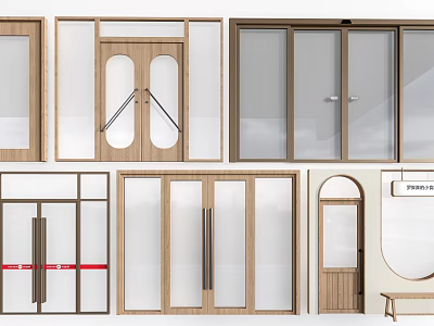 Different Types Of Entrance Doors Featuring Wooden Frames Glass Panels And Arched Designs 3d model