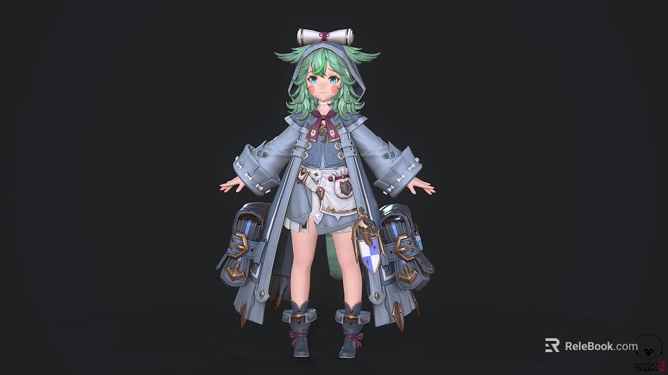 Anime Style Game Character With Green Hair Hat Blue Coat Backpack And Boots 3d model 