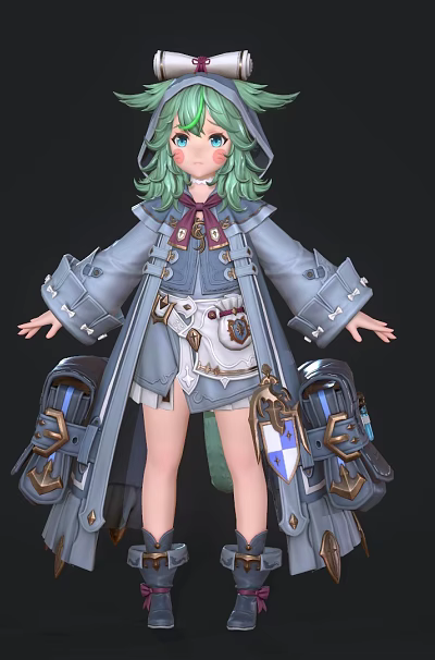 Anime Style Game Character With Green Hair Hat Blue Coat Backpack And Boots 3d model