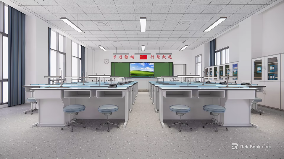 School Science Classroom Interior With Long Tables Stools Blackboard Windows And Lighting 3d model 