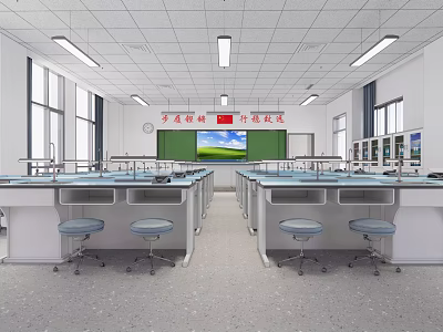 School Science Classroom Interior With Long Tables Stools Blackboard Windows And Lighting 3d model