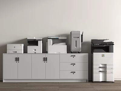 Modern Office Appliances On White Storage Cabinet With Doors And Drawers 3d model