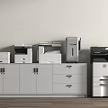 Modern Office Appliances On White Storage Cabinet With Doors And Drawers