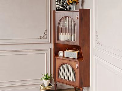 Decorative Walnut Cabinet Featuring Arched Glass Lattice Doors With Candles Radio Clock And Green Plant 3d model