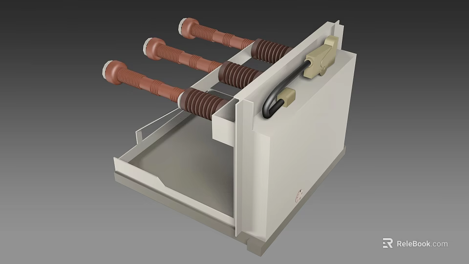 Industrial High Voltage Switchgear Equipment With Three Brown Insulators White Metal Enclosure And Black Handle 3d model 