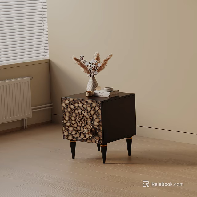 Black Nightstand With Wood Slice Panel Dried Flower Vase And Books In Modern Bedroom 3d model 