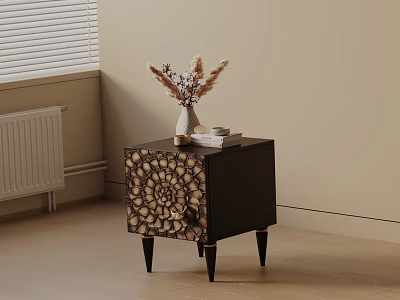 Black Nightstand With Wood Slice Panel Dried Flower Vase And Books In Modern Bedroom 3d model