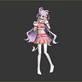 Cute Game Anime Character With Purple Long Hair Cat Ears Pink Skirt And White Stockings