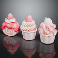 Colorful Decorated Cupcakes with Strawberry Toppings and Swirled Cream in Pink and White Striped Liners