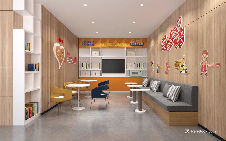 Bright Modern Café Interior with Wooden Walls Bookshelves Cartoon Decor and Colorful Seating 3d model 