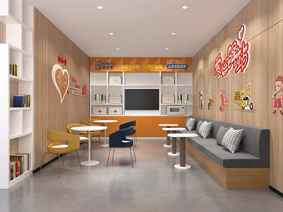 Bright Modern Café Interior with Wooden Walls Bookshelves Cartoon Decor and Colorful Seating 3d model