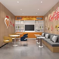 Bright Modern Café Interior with Wooden Walls Bookshelves Cartoon Decor and Colorful Seating