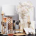 Elegant Modern Decorative Ornament Set With Gold Candles Glass Vases And White Flowers