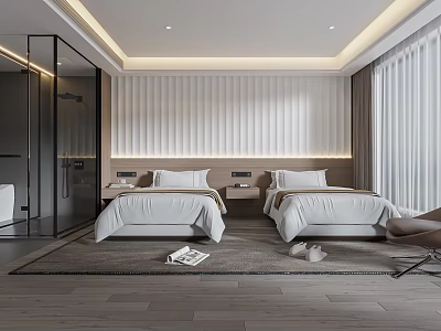 Modern Hotel Guest Room Interior Design With Twin Beds Textured Wall Nightstands And Curtains 3d model