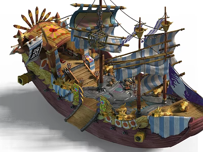 Cartoon Pirate Ship Scene with Blue and White Striped Sails Golden Decorations Wooden Deck and Treasure 3d model