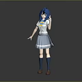 3D Character With Blue Hair In School Uniform Standing On Gray Background