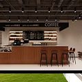 Modern Café Interior With Order Pick Up Areas Wooden Counter Bar Stools And Drinks Shelves