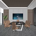 Modern Meeting Room Interior With Large Screen Conference Table Office Chairs Plants And Natural Light