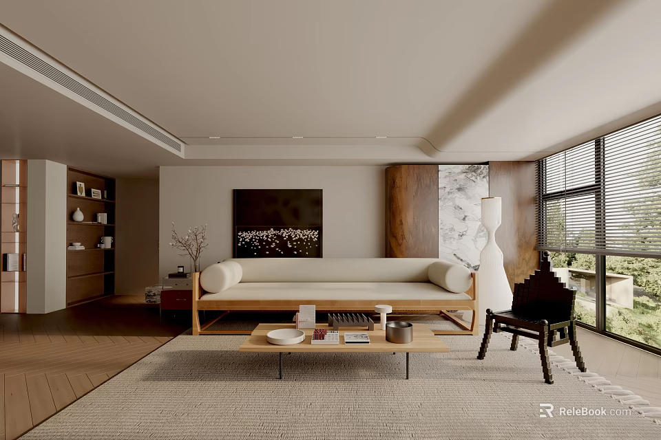 Modern Living Room With Light Sofa Wooden Coffee Table Decorative Painting And Large Windows 3d model 