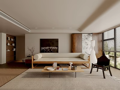 Modern Living Room With Light Sofa Wooden Coffee Table Decorative Painting And Large Windows 3d model