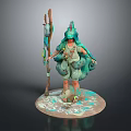 Teal Mythical Character With Creature Features Holding Staff On Patterned Base 3d model