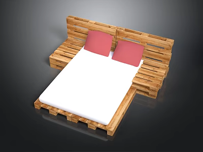 Rustic Wooden Pallet Bed Design With Pink Pillows And White Bed Sheet 3d model