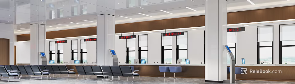 Modern Service Hall Interior With Service Counters And Waiting Seats 3d model