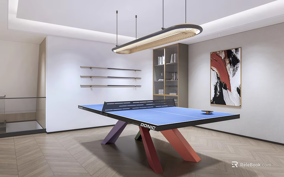Entertainment Room Interior With Ping Pong Table Hanging Light Shelves And Artwork 3d model 