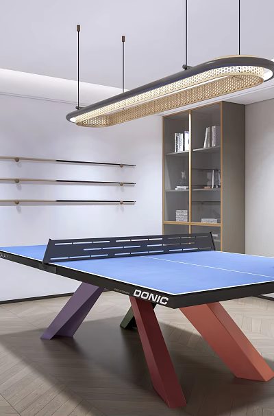 Entertainment Room Interior With Ping Pong Table Hanging Light Shelves And Artwork 3d model