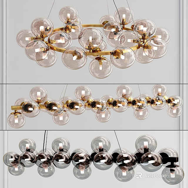 Modern Glass Globe Chandelier with Gold Metal Frame and Transparent Shades for Home Decor 3d model 