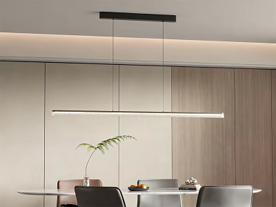 Modern Linear Chandelier Hanging Over Round Dining Table With Chairs And Plant Decor 3d model