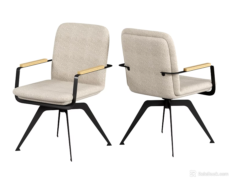 Modern Beige Fabric Dining Chairs With Wooden Armrests And Black Metal Legs 3d model 