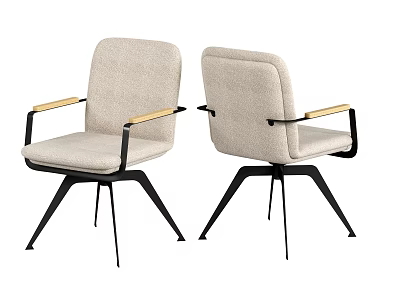 Modern Beige Fabric Dining Chairs With Wooden Armrests And Black Metal Legs 3d model