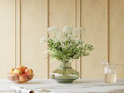 Glass Vase Holding White Flowers And Green Foliage With Apple Bowl And Wooden Wall 3d model