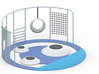 Outdoor Playground Equipment With Circular Enclosure Hanging Ring Bounce Pads And Blue White Floor 3d model