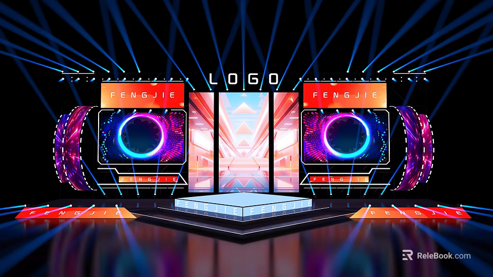 Vibrant Stage Design With Neon Lighting LED Screens And Central Geometric Platform 3d model 