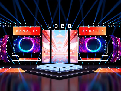 Vibrant Stage Design With Neon Lighting LED Screens And Central Geometric Platform 3d model