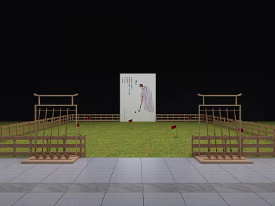 Scenic Outdoor Playground Equipment With Wooden Frames Fence Grass Area And Red Markers 3d model
