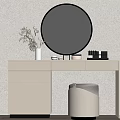 Modern Beige Dressing Table with Round Mirror Vase Plants Cosmetics and Stool 3d model