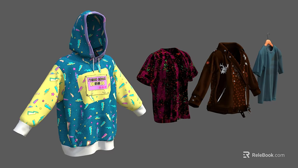 Colorful Children's Clothes With Cartoon Patterns Hoodie Short Sleeve And Jacket 3d model 