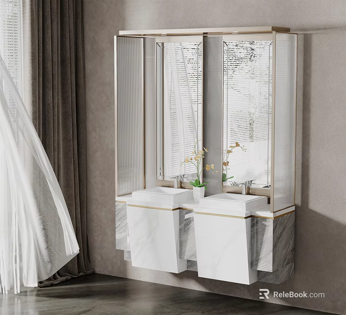 Modern Wall Mounted Vanity With Double Sink Marble Countertop And Mirror Plant 3d model 