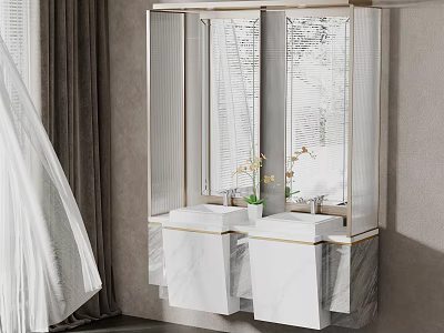 Modern Wall Mounted Vanity With Double Sink Marble Countertop And Mirror Plant 3d model
