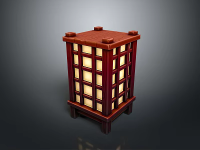Traditional Red Wooden Lantern With Lattice Panels And Square Top 3d model