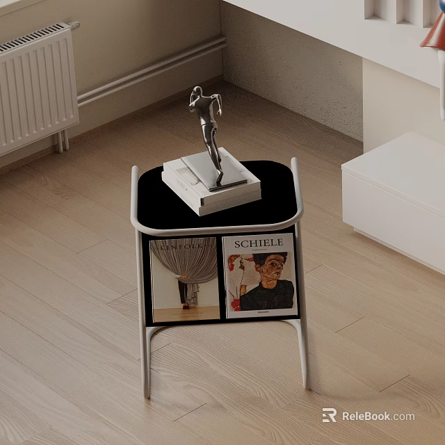 Modern Side Table With Metal Frame Black Tabletop Silver Sculpture On White Base And Magazines 3d model 