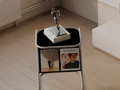 Modern Side Table With Metal Frame Black Tabletop Silver Sculpture On White Base And Magazines 3d model
